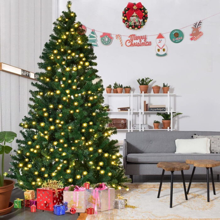 Gymax 7.5FT Pre-Lit Christmas Tree Hinged Artificial Tree w/ Metal Stand LED Lights - Image 4