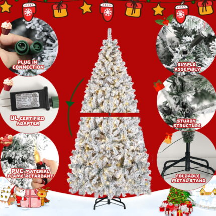 5 FT Pre-Lit Christmas Tree Snow Flocked Full Prelighted Artificial Xmas Tree Hinged Pine Tree w/ Metal Stand,8 Lighting Modes - Image 6