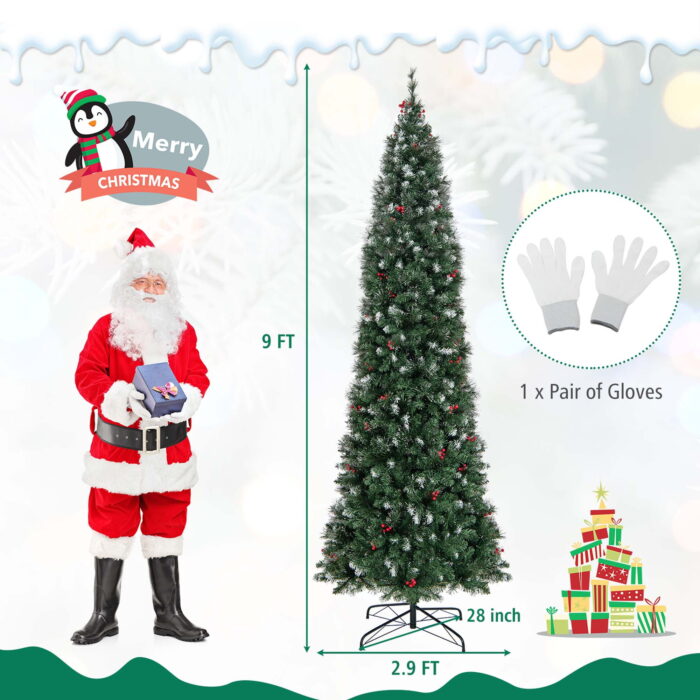Costway 9 FT Pre-Lit Christmas Tree Slim Pencil Hinged with 500 Lights & 1298 Branch Tips - Image 3
