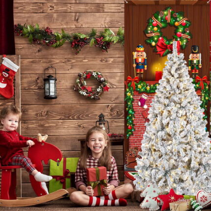 5 FT Pre-Lit Christmas Tree Snow Flocked Full Prelighted Artificial Xmas Tree Hinged Pine Tree w/ Metal Stand,8 Lighting Modes - Image 5