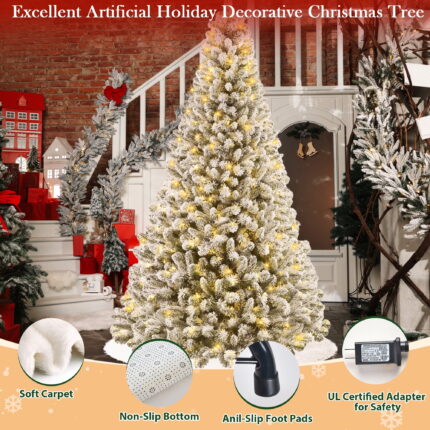 Yexmas 6ft Snow Flocked Christmas Tree, Pre-Lit Artificial White Christmas Tree with 1000 Branch Tips、300 Warm White Lights、48 Inch Faux Fur Christmas Tree Skirt White - Image 7