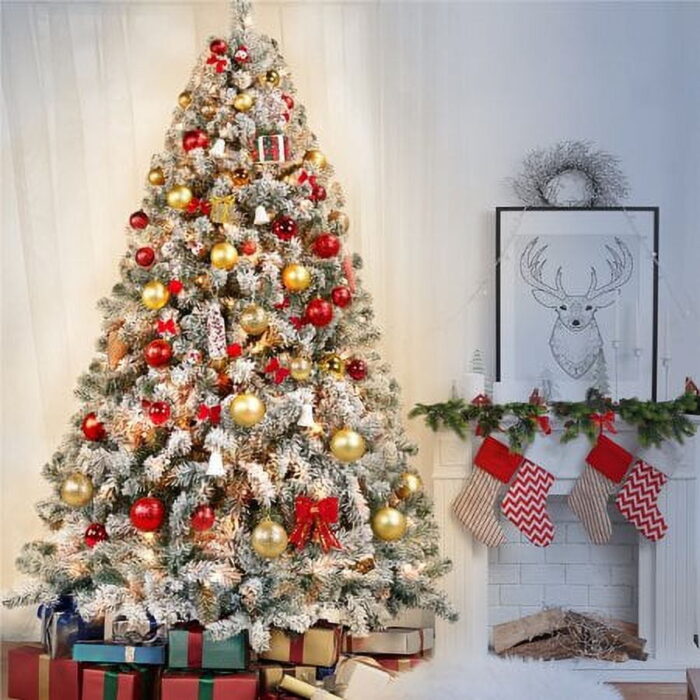 Yaheetech 7.5Ft Pre-lit Flocked Artificial Christmas Tree with Foldable Stand and Warm Lights, Green - Image 2