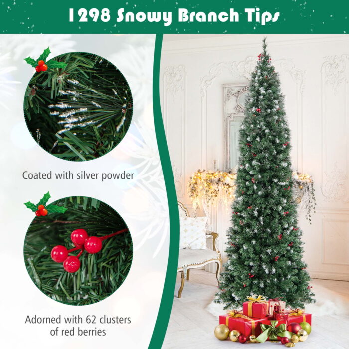 Costway 9 FT Pre-Lit Christmas Tree Slim Pencil Hinged with 500 Lights & 1298 Branch Tips - Image 4
