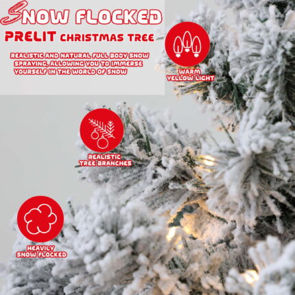 5 FT Pre-Lit Christmas Tree Snow Flocked Full Prelighted Artificial Xmas Tree Hinged Pine Tree w/ Metal Stand,8 Lighting Modes - Image 3