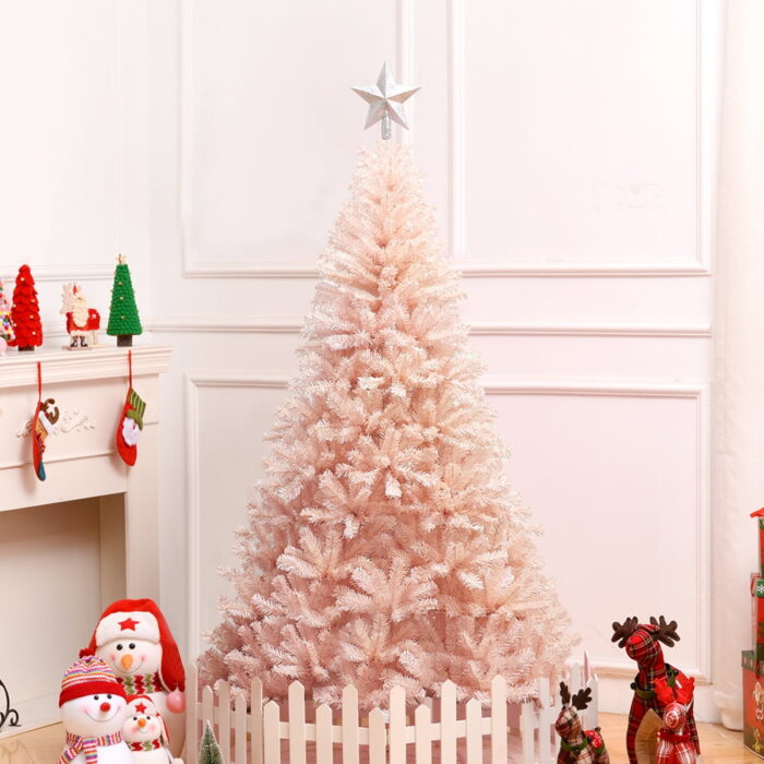 Costway 6ft Pink Christmas Tree Hinged Full Fir Tree Metal Metal Season,Pink - Image 2