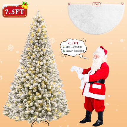 Yexmas 6ft Snow Flocked Christmas Tree, Pre-Lit Artificial White Christmas Tree with 1000 Branch Tips、300 Warm White Lights、48 Inch Faux Fur Christmas Tree Skirt White - Image 11