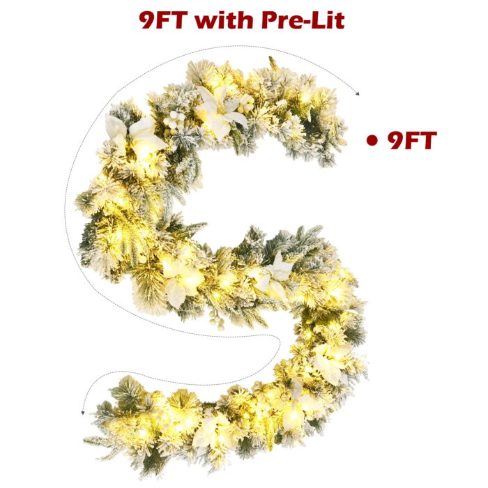 Costway 9ft Pre-lit Snowy Christmas Garland w/ Berries Poinsettia Flowers Timer - Image 4