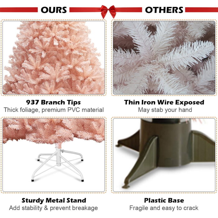Costway 7ft Pink Artificial Christmas Tree Hinged Full Fir Tree Metal Stand - Image 8