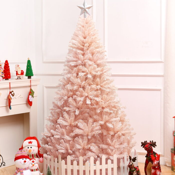Costway 7ft Pink Artificial Christmas Tree Hinged Full Fir Tree Metal Stand - Image 2