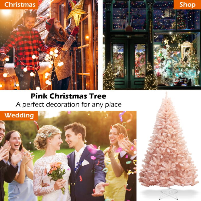 Costway 7ft Pink Artificial Christmas Tree Hinged Full Fir Tree Metal Stand - Image 5