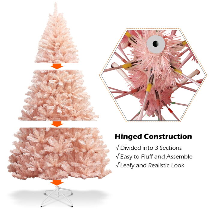 Costway 7ft Pink Artificial Christmas Tree Hinged Full Fir Tree Metal Stand - Image 6