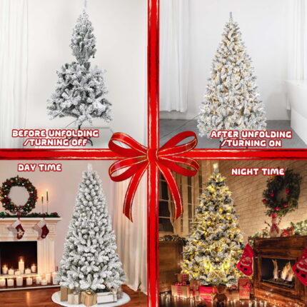 5 FT Pre-Lit Christmas Tree Snow Flocked Full Prelighted Artificial Xmas Tree Hinged Pine Tree w/ Metal Stand,8 Lighting Modes - Image 7