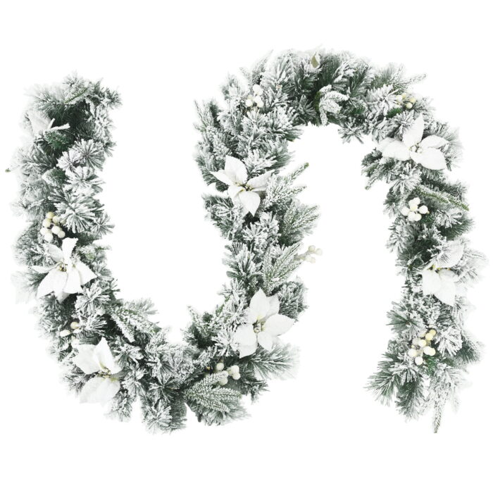 Costway 9ft Pre-lit Snowy Christmas Garland w/ Berries Poinsettia Flowers Timer - Image 11
