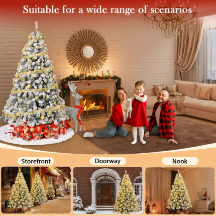 Yexmas 6ft Snow Flocked Christmas Tree, Pre-Lit Artificial White Christmas Tree with 1000 Branch Tips、300 Warm White Lights、48 Inch Faux Fur Christmas Tree Skirt White - Image 4