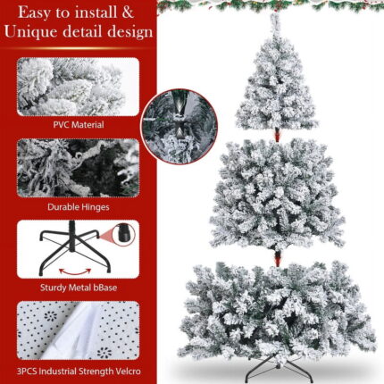 Yexmas 6ft Snow Flocked Christmas Tree, Pre-Lit Artificial White Christmas Tree with 1000 Branch Tips、300 Warm White Lights、48 Inch Faux Fur Christmas Tree Skirt White - Image 9