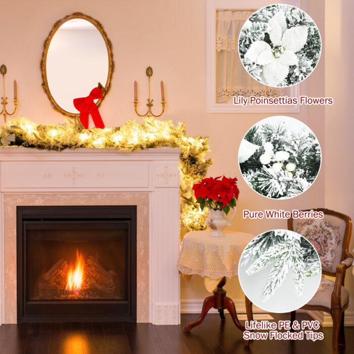 Costway 9ft Pre-lit Snowy Christmas Garland w/ Berries Poinsettia Flowers Timer - Image 7