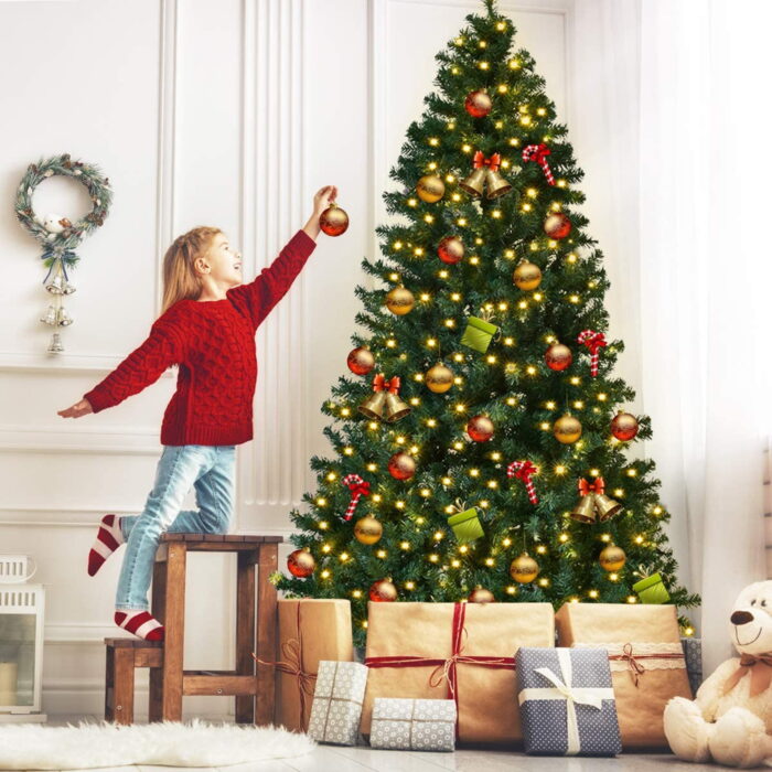 Gymax 7.5FT Pre-Lit Christmas Tree Hinged Artificial Tree w/ Metal Stand LED Lights - Image 5