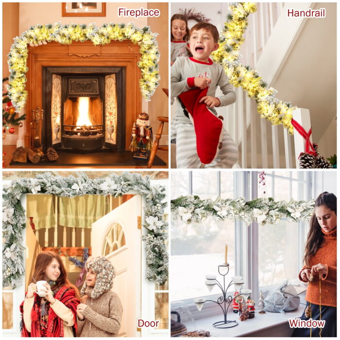 Costway 9ft Pre-lit Snowy Christmas Garland w/ Berries Poinsettia Flowers Timer - Image 6