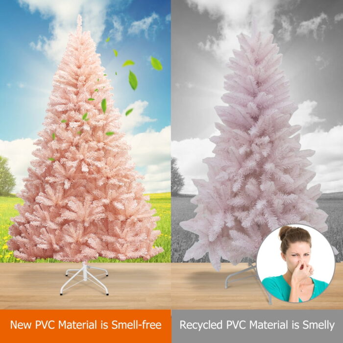 Costway 7ft Pink Artificial Christmas Tree Hinged Full Fir Tree Metal Stand - Image 7
