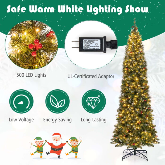 Costway 9 FT Pre-Lit Christmas Tree Slim Pencil Hinged with 500 Lights & 1298 Branch Tips - Image 5
