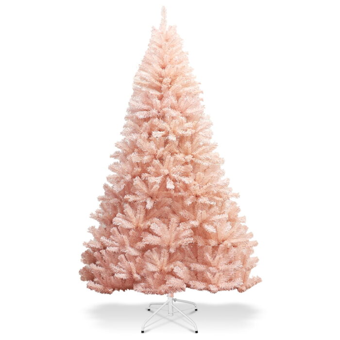 Costway 7ft Pink Artificial Christmas Tree Hinged Full Fir Tree Metal Stand