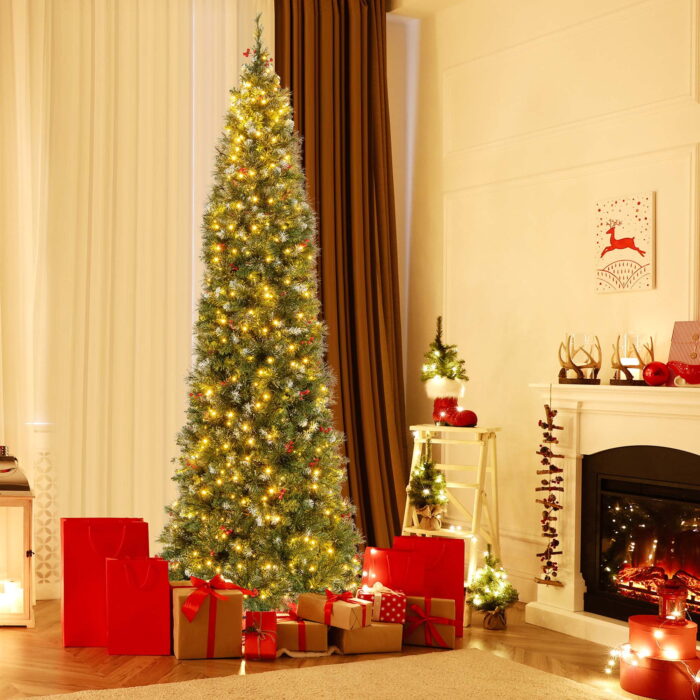 Costway 9 FT Pre-Lit Christmas Tree Slim Pencil Hinged with 500 Lights & 1298 Branch Tips