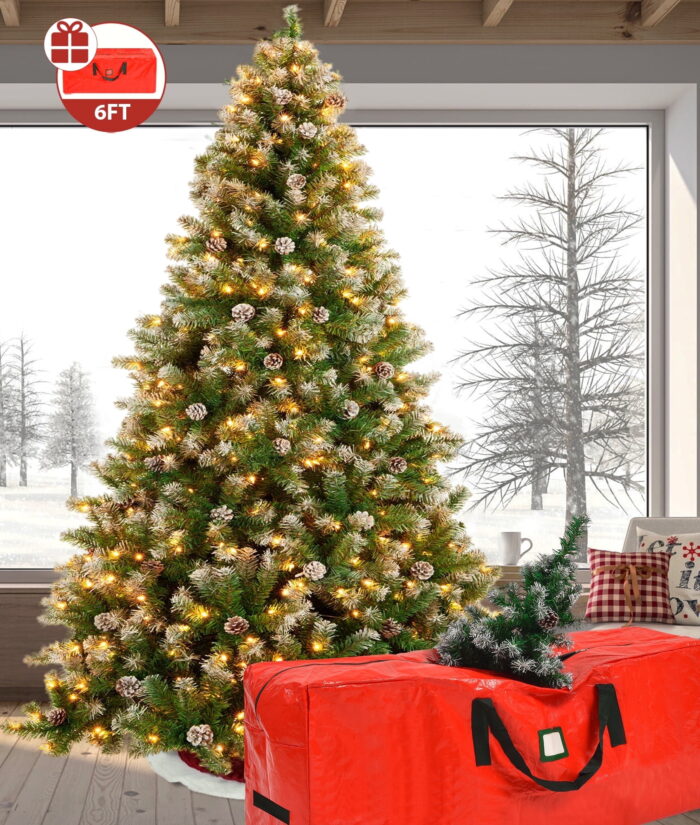 IZNEN 6ft Prelit Christmas Pine Tree, 8 Modes LED Lights, Artificial Spruce Xmas Tree with Large Storage Bag