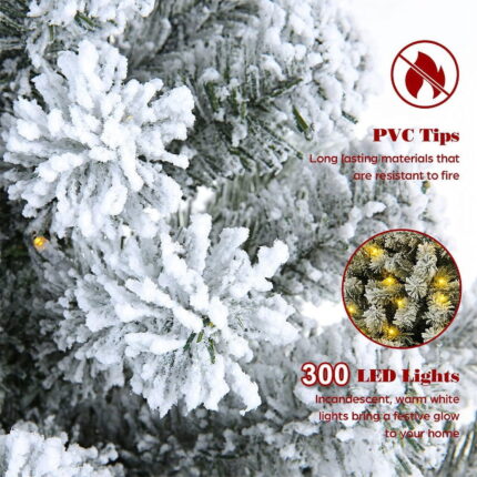 Yexmas 6ft Snow Flocked Christmas Tree, Pre-Lit Artificial White Christmas Tree with 1000 Branch Tips、300 Warm White Lights、48 Inch Faux Fur Christmas Tree Skirt White - Image 8