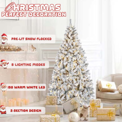 5 FT Pre-Lit Christmas Tree Snow Flocked Full Prelighted Artificial Xmas Tree Hinged Pine Tree w/ Metal Stand,8 Lighting Modes - Image 2