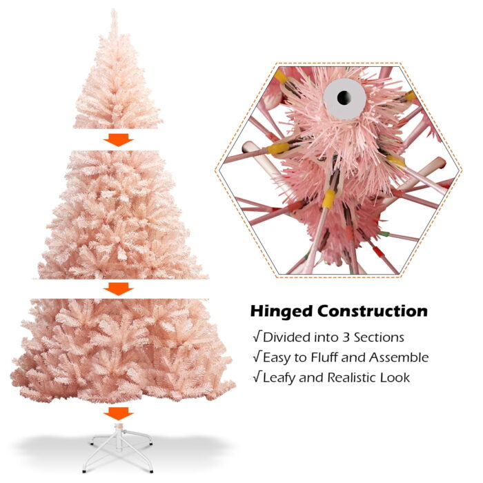 Costway 6ft Pink Christmas Tree Hinged Full Fir Tree Metal Metal Season,Pink - Image 6