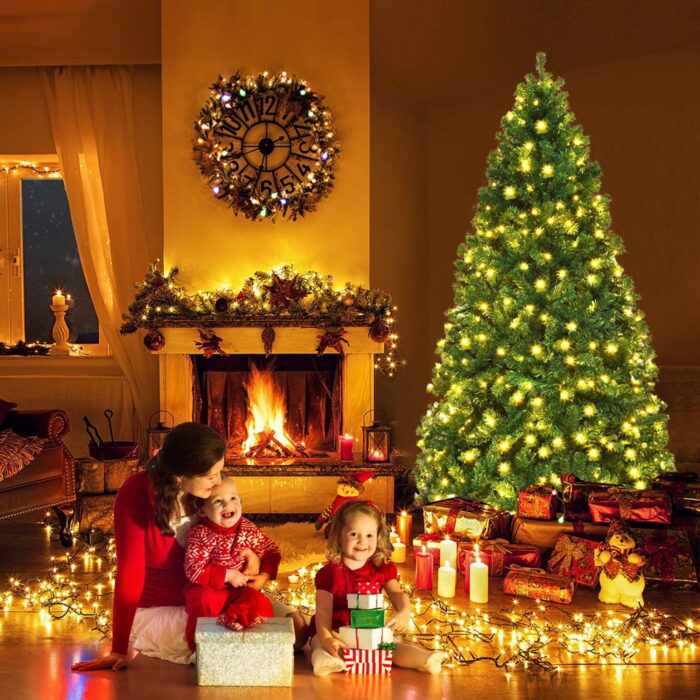 Gymax 7.5FT Pre-Lit Christmas Tree Hinged Artificial Tree w/ Metal Stand LED Lights - Image 3