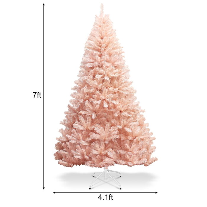 Costway 7ft Pink Artificial Christmas Tree Hinged Full Fir Tree Metal Stand - Image 4
