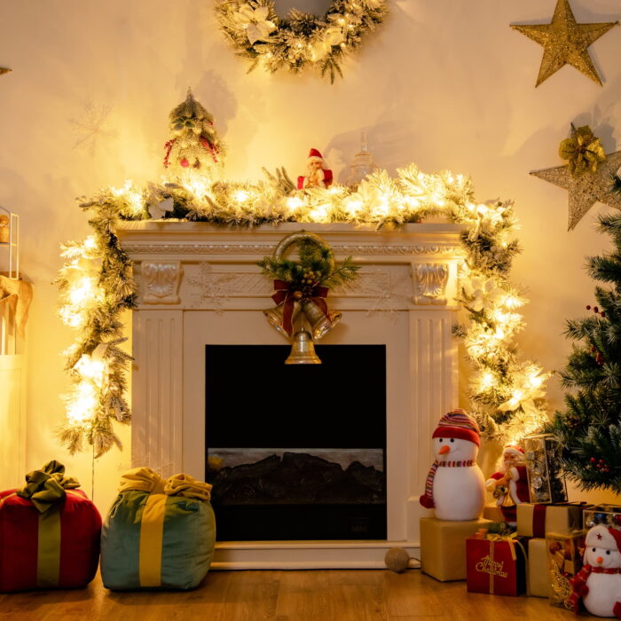 Costway 9ft Pre-lit Snowy Christmas Garland w/ Berries Poinsettia Flowers Timer - Image 2