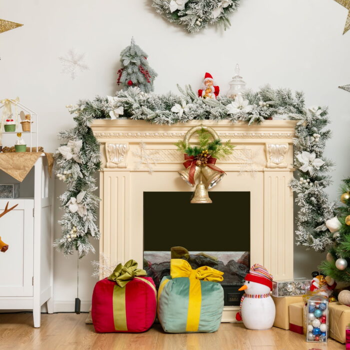 Costway 9ft Pre-lit Snowy Christmas Garland w/ Berries Poinsettia Flowers Timer - Image 3