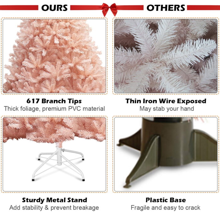 Costway 6ft Pink Christmas Tree Hinged Full Fir Tree Metal Metal Season,Pink - Image 8