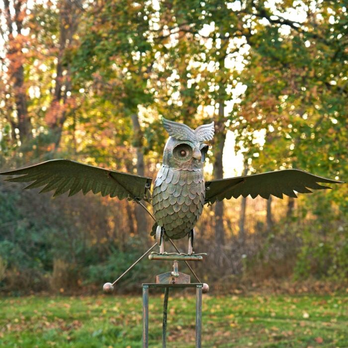 Large Metal Rocking Owl with Solar Eyes "Weston" in Antique Rust