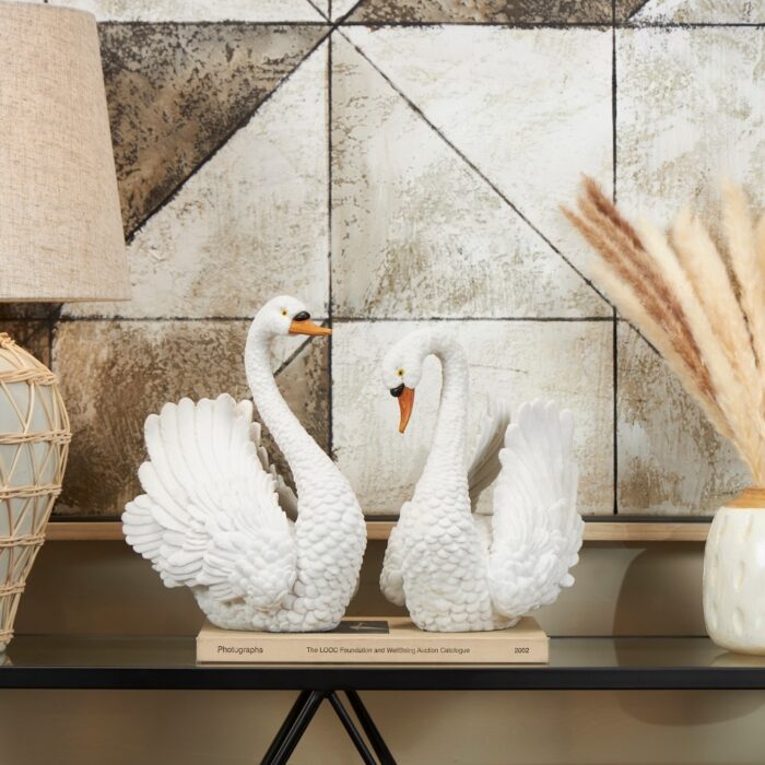 White Resin Textured Swan Sculpture (Set of 2)