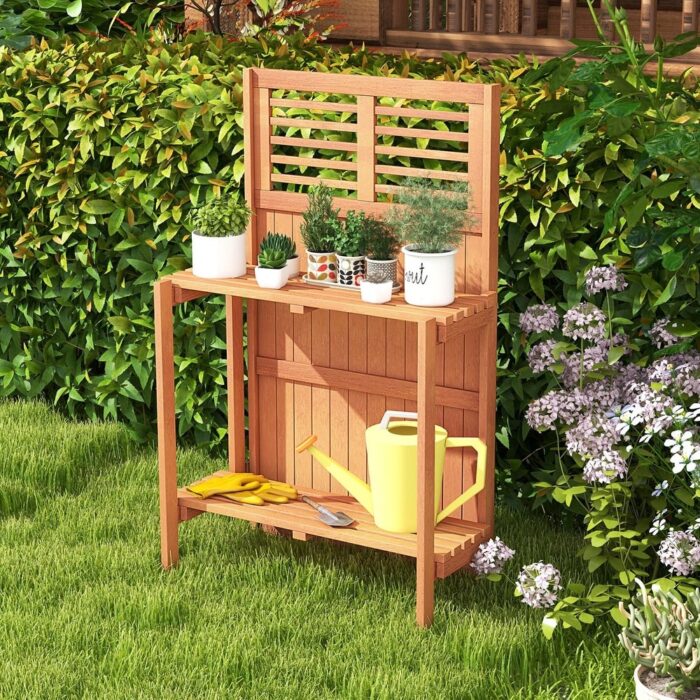 Costway Wood Potting Bench Waterproof Garden Table with 2-Tier Open - See Details - Image 2