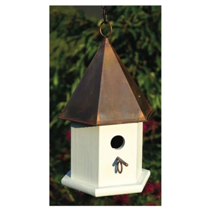 White Wood Songbird Birdhouse with Brown Copper Roof - H-15 In,W- 7 In,D- 7 In - Image 2