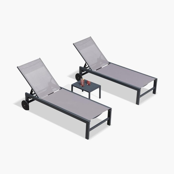 PURPLE LEAF Outdoor Mesh/Aluminum Chaise Lounge w/Wheels Textliene Fabric