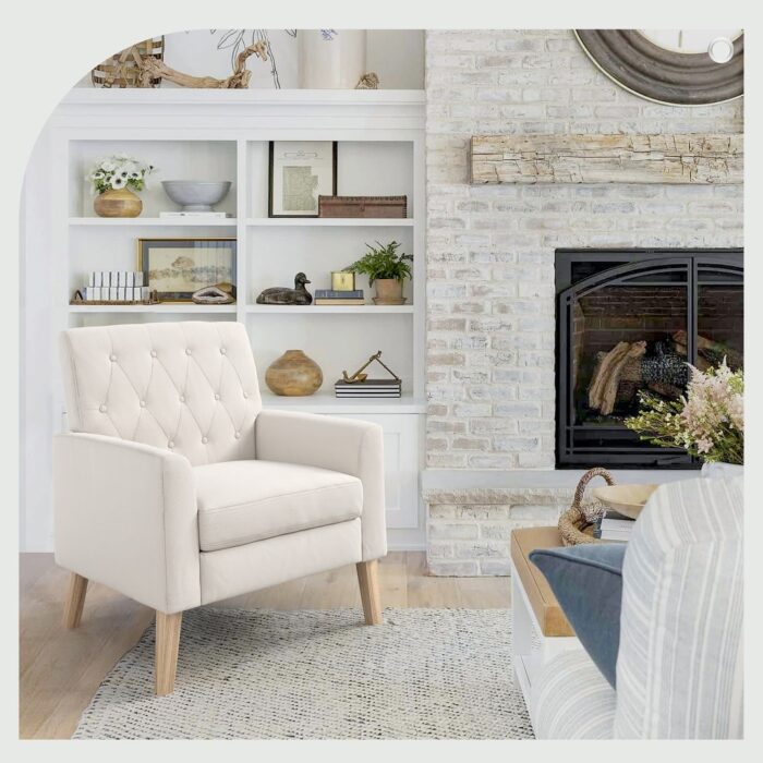 LUE BONA Linen and Walnut Legs Mid Century Modern Button Tufted Accent Chair - 29.53'' H X 30'' W X 33.07'' D - Image 2