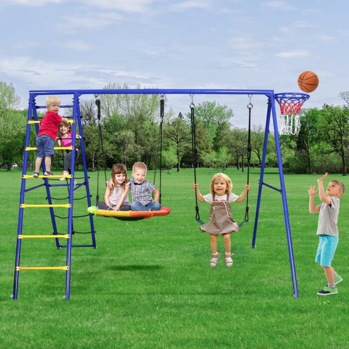 440lbs Metal Swing Sets for Backyard with Heavy Duty Swing Frame, Saucer Swing,Belt Swing,Climbing Rope,Ladder,Basketball Hoop