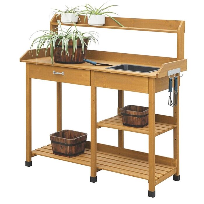 Outdoor Garden Wood Potting Bench Work Table with Sink in Light Oak Finish - 46 x 17.8 x 47.6 - Image 2