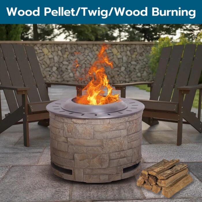 20.5" Round Smokeless Fire Pit Stackstone Look Stainless Steel Top & TerraFab Base Wood Burning for Outdoor Patio Garden - N/A - Image 2