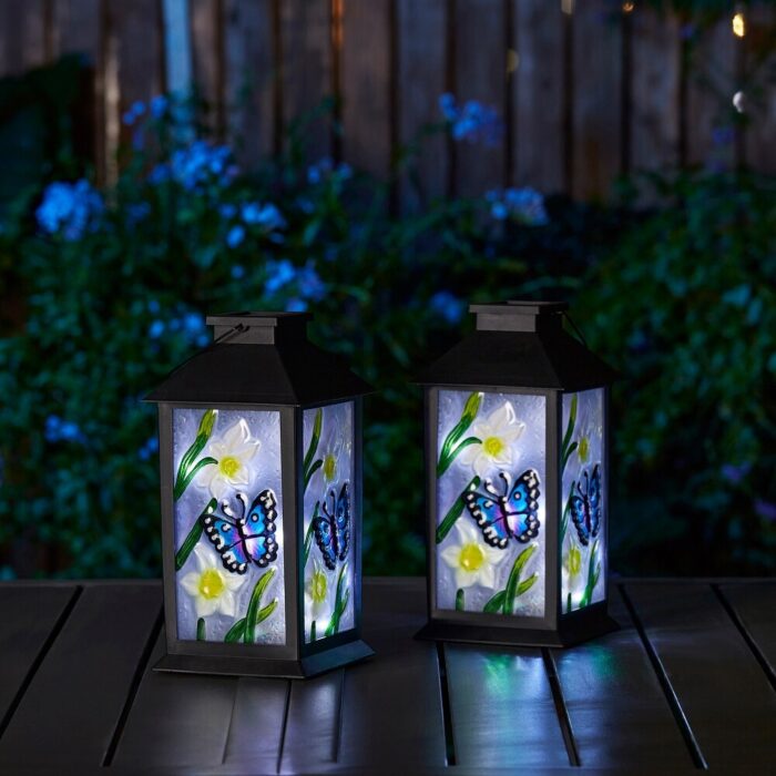 Glitzhome Set of 2 11"H Antique Glass Solar Hanging Lanterns Post Lights