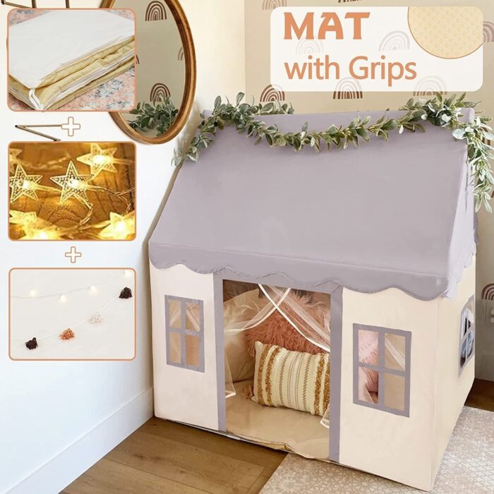 Large Toddler Play Tent for Kids with Mat, Star Lights, Cloth Banners