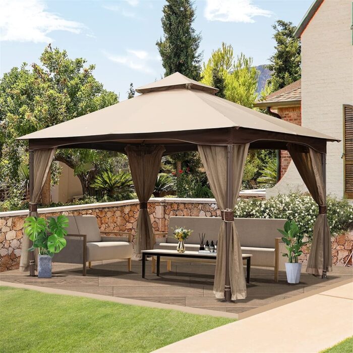 Outdoor Metal Frame Gazebo with Mosquito Netting, 10ft x 13ft Double Roof Soft Top Pergola for Patio, Backyard,Khaki - Image 2