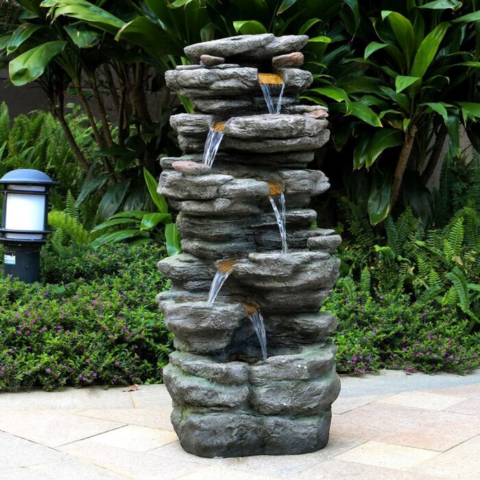 40in High Outdoor 6-tier Rock Cascading Water Fountain with LED Lights - N/A
