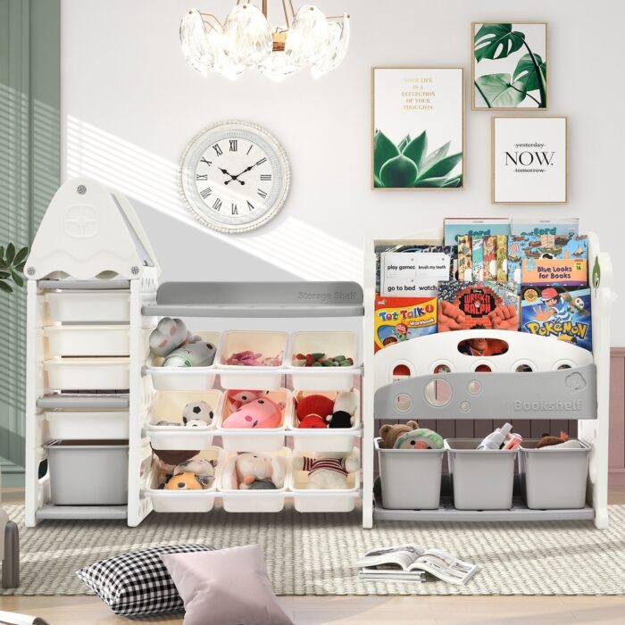 Kids Bookshelf Toy Storage Organizer with 17 Bins and 5 Bookshelves, Nursery Organizer Kids Furniture Set Toy Storage Cabinet