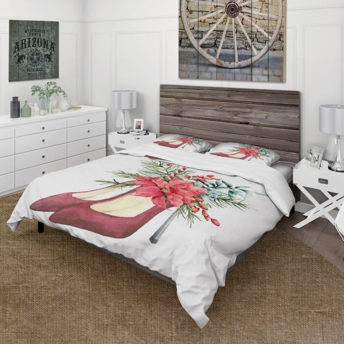 Designart 'Red Suede Heeled Shoes With Christmas Floral Decor' Traditional Duvet Cover Set